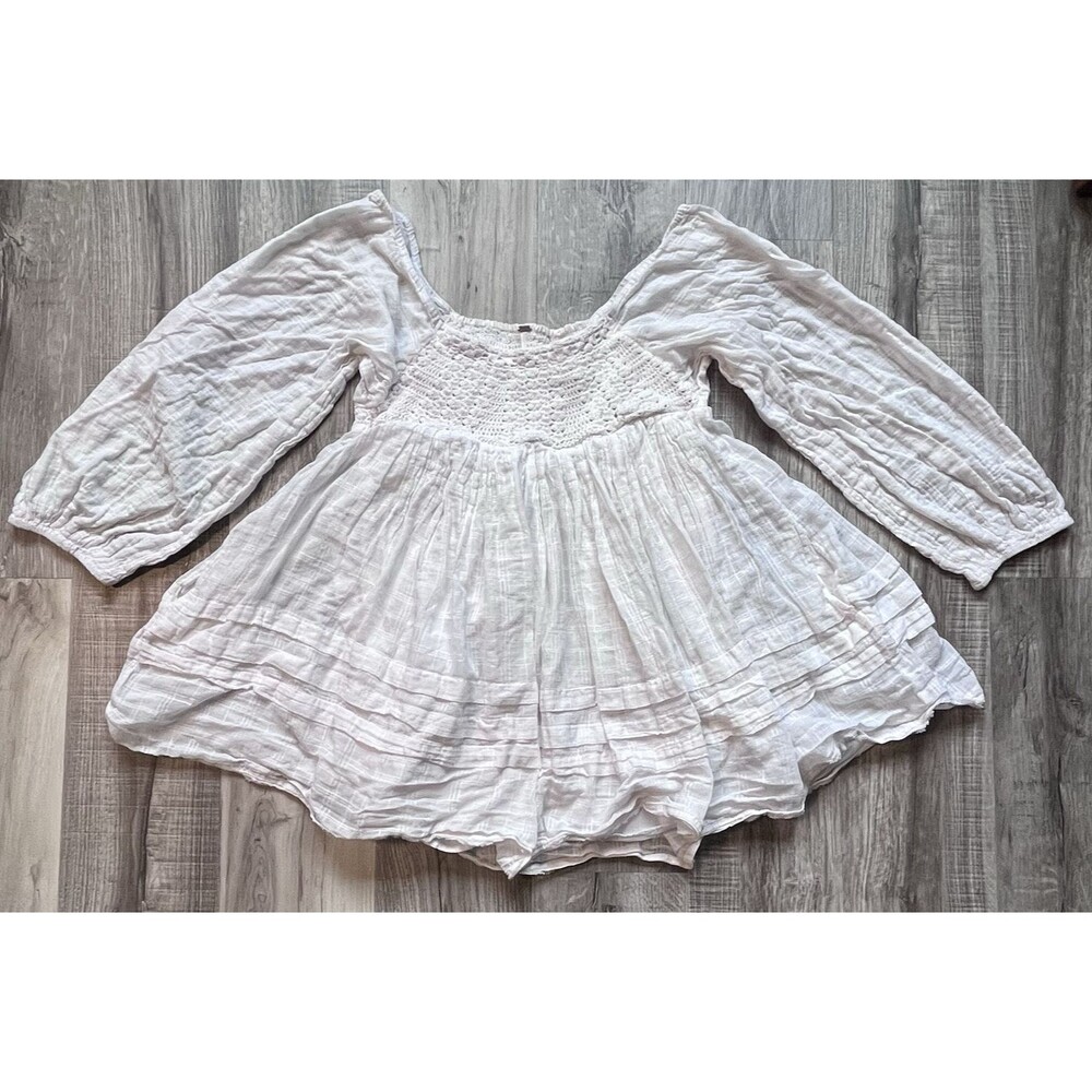 Free People Large Ari Boho Mini Peasant Dress Crochet Smocked Babydoll Flowy